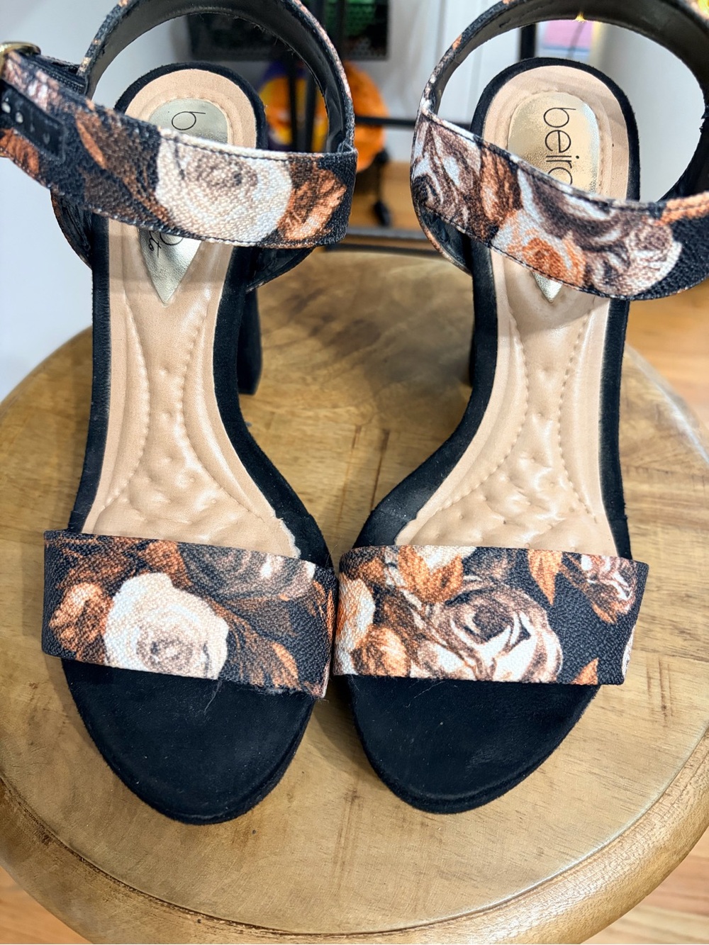 Beira Rio Floral Platform Block Heel Sandals Black 8
